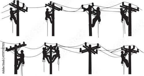 Multiple silhouettes of linemen on utility poles lineman