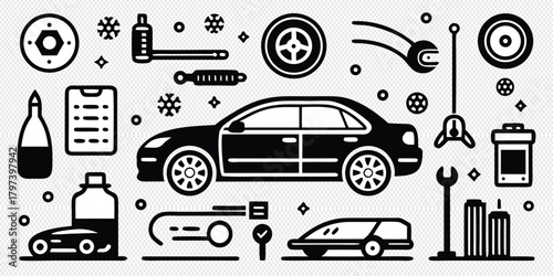 Car Service and Maintenance Icons Collection,Automotive Service and Car Repair Flat Icon Collection,Automotive Service & Maintenance Icon Set – Car Repair, Diagnostics, Cleaning, Parts, Fuel, Battery,