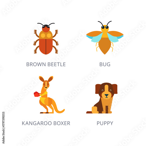 Illustration of various animals in a flat design, including a brown beetle, a bug, a kangaroo boxer, and a puppy