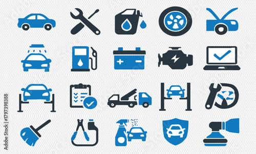 Car Service and Maintenance Icons Collection,Automotive Service and Car Repair Flat Icon Collection,Automotive Service & Maintenance Icon Set – Car Repair, Diagnostics, Cleaning, Parts, Fuel, Battery,