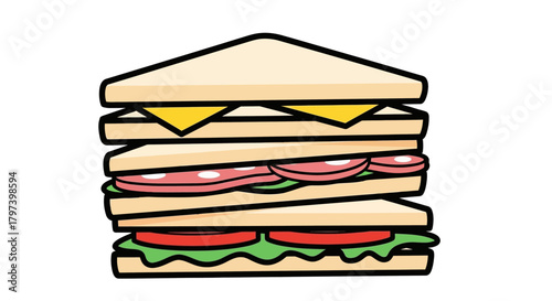 Delicious and stacked triangle sandwich with cheese, salami, and fresh lettuce and tomato