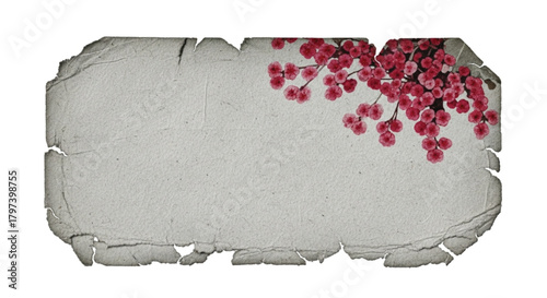 Aged parchment paper with torn edges adorned by delicate pink flowers and green leaves in the upper right corner