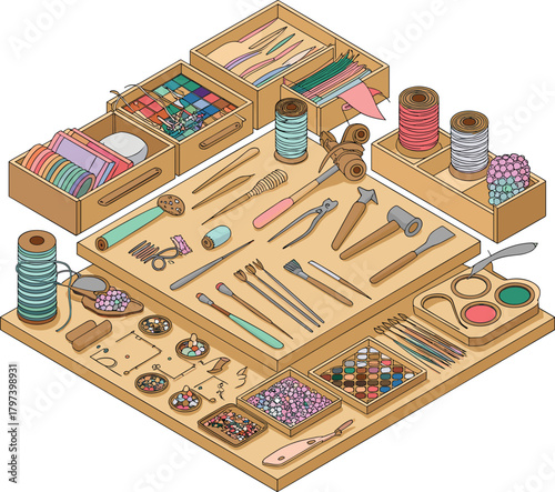 Isometric Craft Workshop and Hobby Supplies Vector, Jewelry Making, Sewing, and DIY Tools Illustration