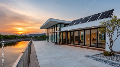 Solar cell energy grid charging board on minimalist off-grid cabin rooftop at sunset serene environment high-resolution view