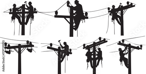 Silhouettes of linemen working on utility poles lineman