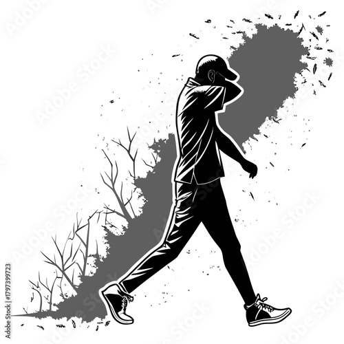 Man walking illustration, portraying a person in motion, navigating through lifes journey with determination and resilience, facing challenges headon