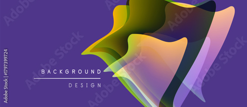 Abstract colorful shapes overlap purple background. Modern design elements create dynamic visual effect. Gradient hues blend seamlessly.