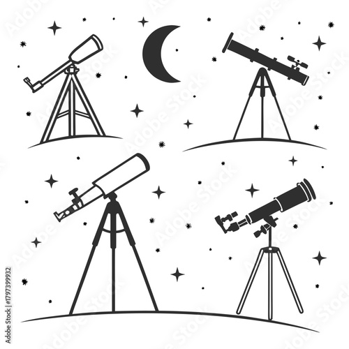 A monochrome vector illustration of four telescopes, a crescent moon, and stars, the image is a simple, clean design