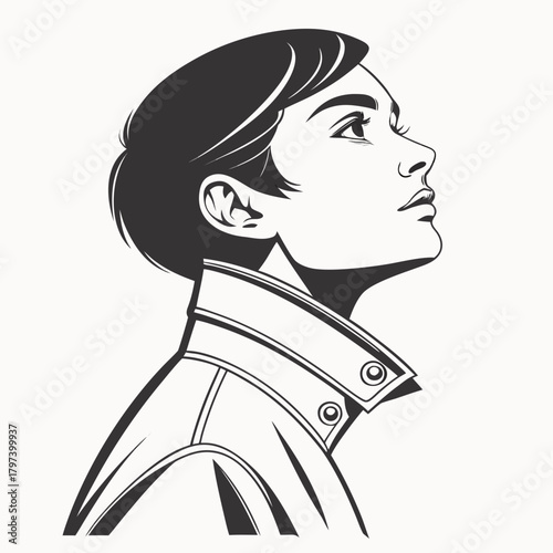 A monochrome vector illustration of a woman with short hair looking up, wearing a jacket, the image is a simple, clean design