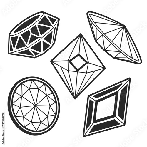 Illustration of various diamond shapes different cuts and styles of gemstones, perfect for jewelry design, fashion, or luxury branding projects