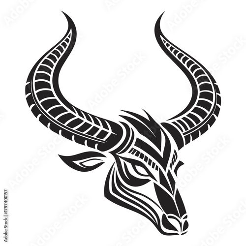 Stylized illustration of a kudu head with large horns, presented in a tribal tattoo style, the design features bold black lines