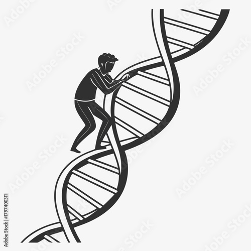 Illustration of a person climbing a dna strand the artwork symbolizes genetic research, progress, and scientific advancement
