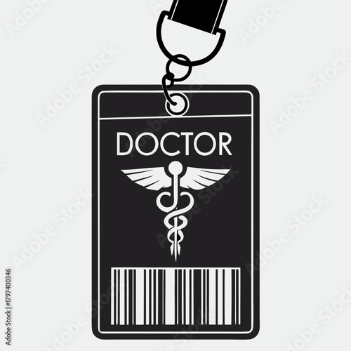 A black and white vector graphic of a doctors identification badge with the word doctor above the caduceus symbol and a barcode