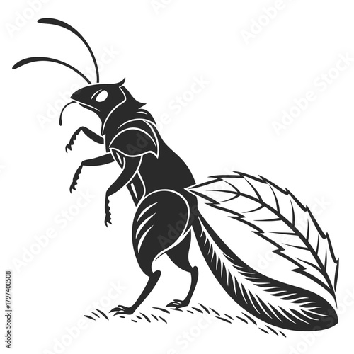 Stylized leafcutter ant illustration, showcasing its unique morphology and the intricate details of its leafcutting behavior