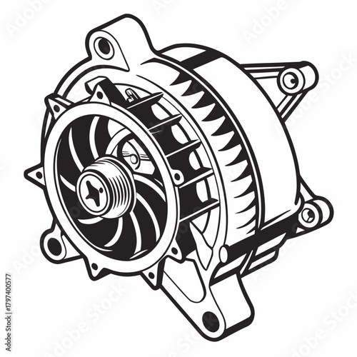 Detailed illustration of an alternator, a crucial component in vehicle electrical systems, the design showcases its intricate structure and function