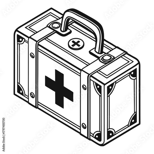A meticulously crafted first aid kit illustration, rendered in striking black and white, showcasing a timeless design