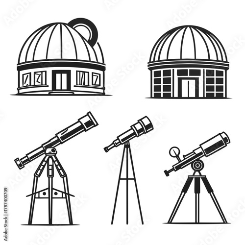 Collection of astronomy icons featuring telescopes and observatories, perfect for illustrating scientific exploration and discovery