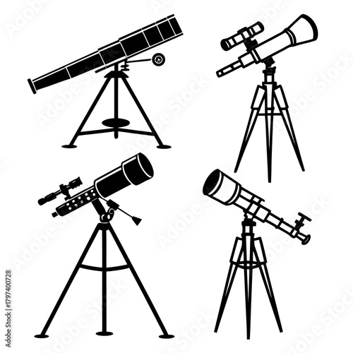 Collection of astronomy icons featuring telescopes on tripods, perfect for illustrating scientific exploration and discovery