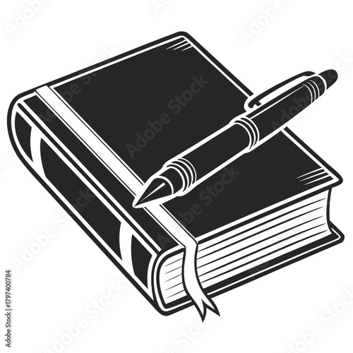 Illustration of a closed book with a pen resting on top, perfect for themes related to writing, studying, and literature