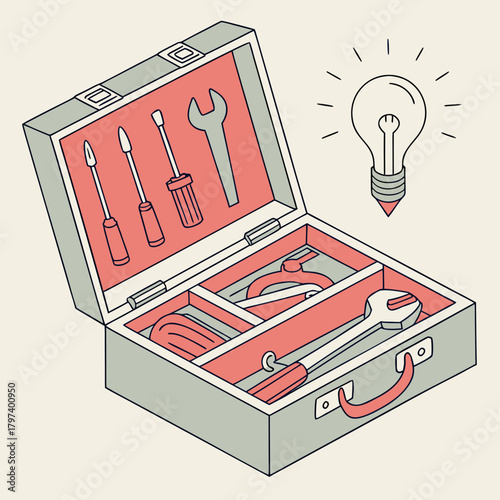 A toolbox with tools and a lightbulb, symbolizing problemsolving, creativity, and the tools needed for innovation and success