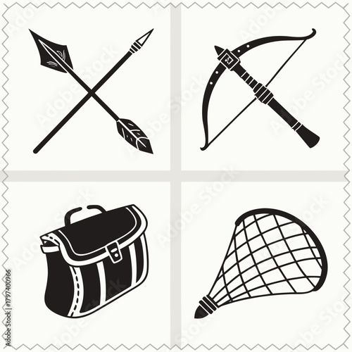 A collection of hunting equipment, including arrows, a crossbow, a bag, and a net these items represent the tools and gear used for hunting