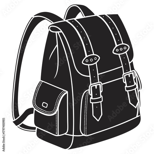 A stylish black backpack with white outlines, featuring adjustable straps, buckles, and a front pocket, for school, travel, or everyday use