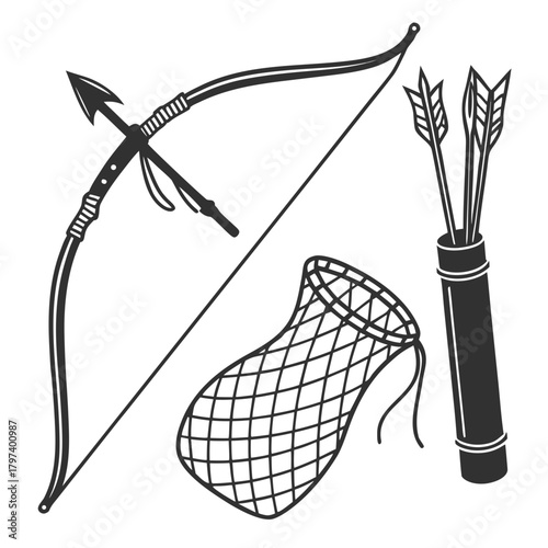 A collection of hunting equipment, including a bow, arrow, net, and quiver these items represent the tools and gear used for hunting