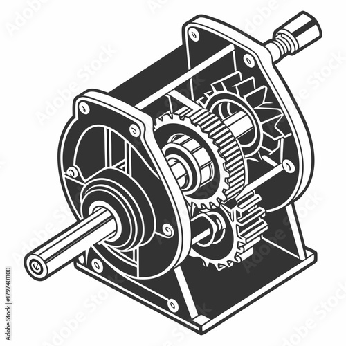 Illustration of a gearbox mechanism with gears, showcasing the mechanical components and engineering design