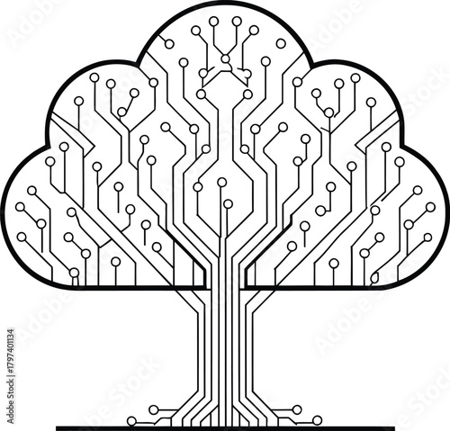 A tree shaped like a cloud made of a circuit board in black and white line art illustration