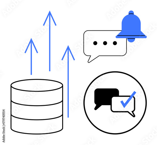 Stack of data with growth arrows, notification bell with speech bubble, and verified messages. Ideal for workflow, alerts, data management, communication, growth strategy, notifications simple flat