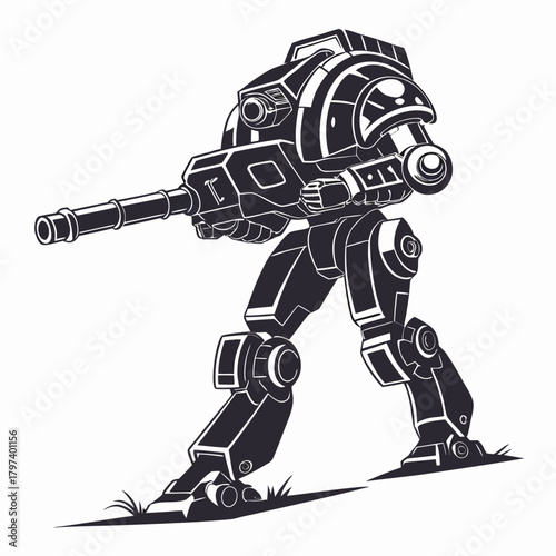 Illustration of a heavy battle mech walking on a grassy field the mech has a large cannon and is ready for combat in a futuristic war