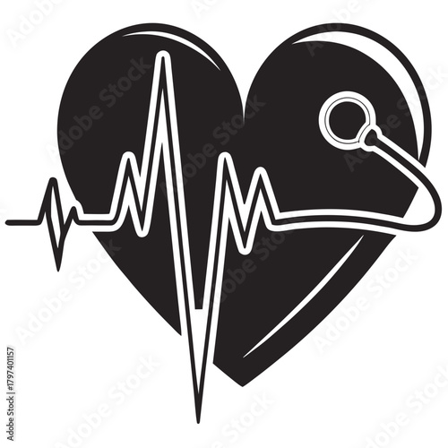 Illustration of a heart with an ekg line and stethoscope, representing cardiology and heart health, it symbolizes medical care