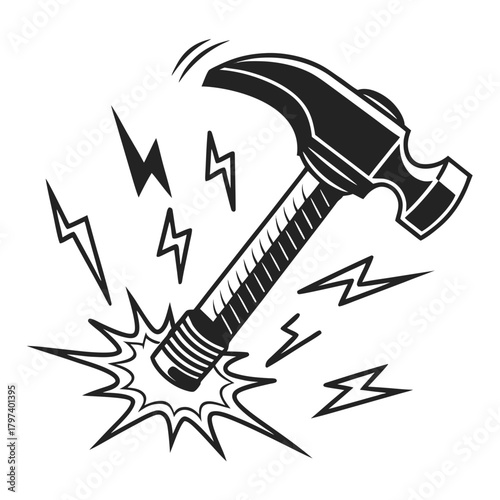 Illustration of a hammer striking a surface with lightning bolts around it, depicts the power and impact of the tool in a dynamic design