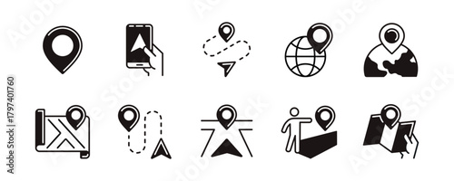 Map navigation icon line set. Global pin location route map direction gps navigator arrow compass road marker symbol outline vector illustration