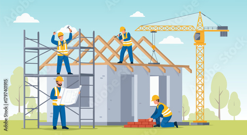 Construction workers building a new house with a crane on-site in a clear daytime setting