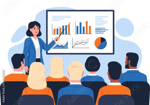 Businesswoman presenting financial data and charts on a screen to an audience in a conference room for business strategy meeting