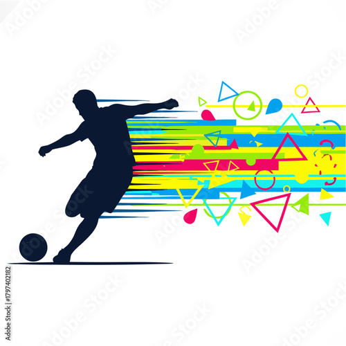 Dynamic soccer player silhouette kicking ball with vibrant abstract geometric motion