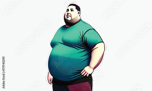 An illustration of a very overweight man with a large belly wearing a teal t-shirt and dark pants, standing against a white background.