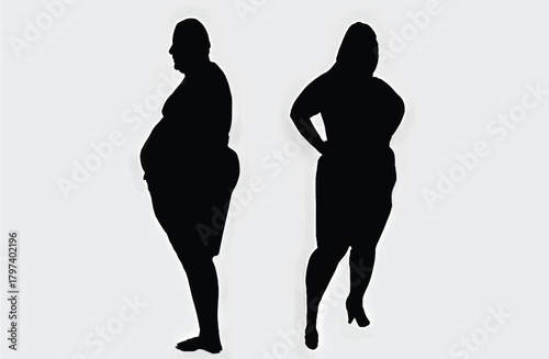 Silhouettes of an overweight man and woman standing side by side against a light background, illustrating body types.