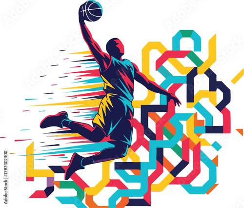 Dynamic basketball player soaring for an epic slam dunk amidst vibrant abstract geometric patterns