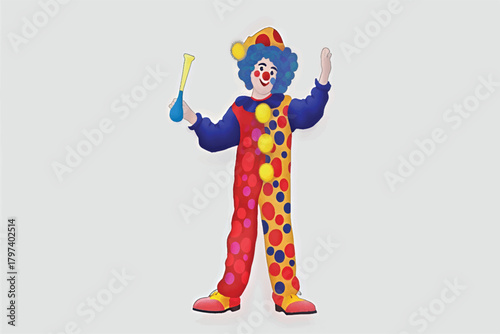A colorful clown figure with blue hair and a polka-dotted suit, holding juggling pins and waving.