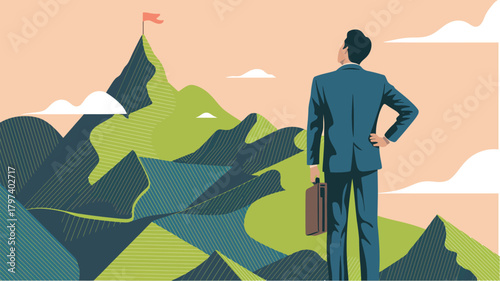 Career Success Mountain Path. Businessman in Suit Outline Drawing Finance Concept Art