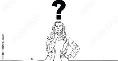 Woman thinking question mark line art decision making problem solving idea eps silhouette