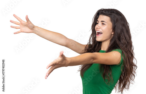 Portrait of attractive young woman wants to hug you, isolated on grey background.
