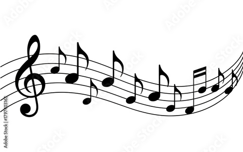 Stylized white musical notes and staff on a black background isolated on transparent background