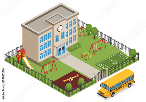Isometric vector illustration of a modern school building with a vibrant playground and a classic yellow school bus. Representing childhood education and student life
