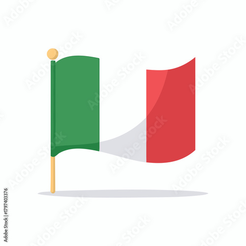 Italian flag waving on a flagpole with a golden finial on a white background Italy national symbol