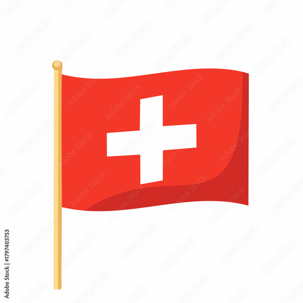 Obraz premium Swiss flag waving on a wooden flagpole with a white background Keywords: Switzerland, Swiss flag, national flag, red, white, cross, symbol, patriotism, country, Europe, independence, freedom