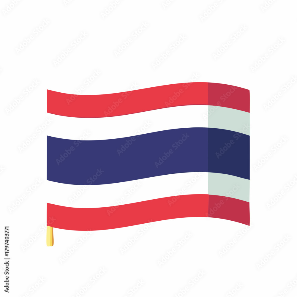 Fototapeta premium Waving Thai flag with red white and blue stripes on a golden flagpole against a white background Keywords: Thailand, Thai flag, national flag, red, white, blue, stripes, symbol, patriotism