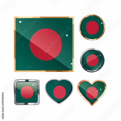 Bangladesh Flag Icons in Square Circle and Heart Shapes with Metallic and Golden Borders bangladeshi flag